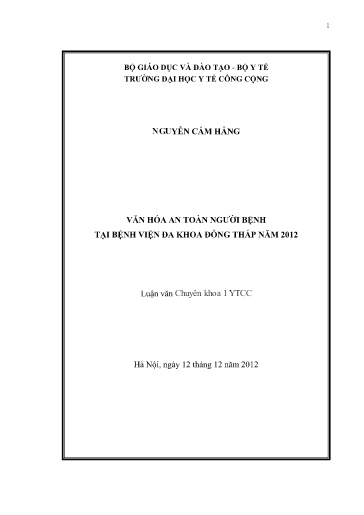 Luận án Văn hóa an toàn người bệnh tại bệnh viện Đa khoa Đồng Tháp năm 2012