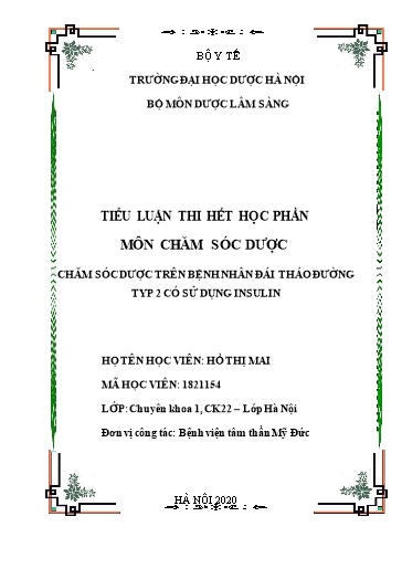 Tiểu luận Chăm sóc dược trên bệnh nhân đái tháo đường typ 2 có sử dụng Insulin