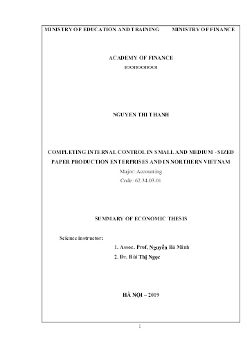 Tóm tắt Luận án Completing internal control in small and medium - Sized paper production enterprises and in northern Vietnam