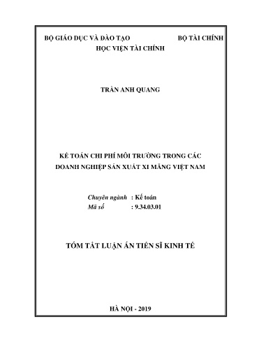 Tóm tắt Luận án Kế toán chi phí môi trường trong các doanh nghiệp sản xuất xi măng Việt Nam