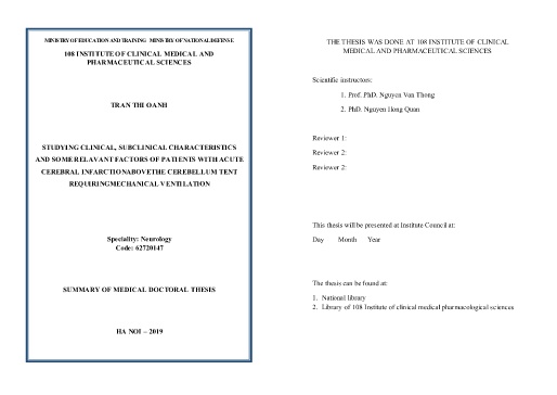 Tóm tắt Luận án Studying clinical, subclinical characteristics and some relavant factors of patients with acute cerebral infarctionabovethe cerebellum tent requiringmechanical ventilation